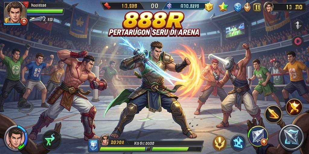 Screenshot utama 888R menampilkan pertarungan seru antar karakter.