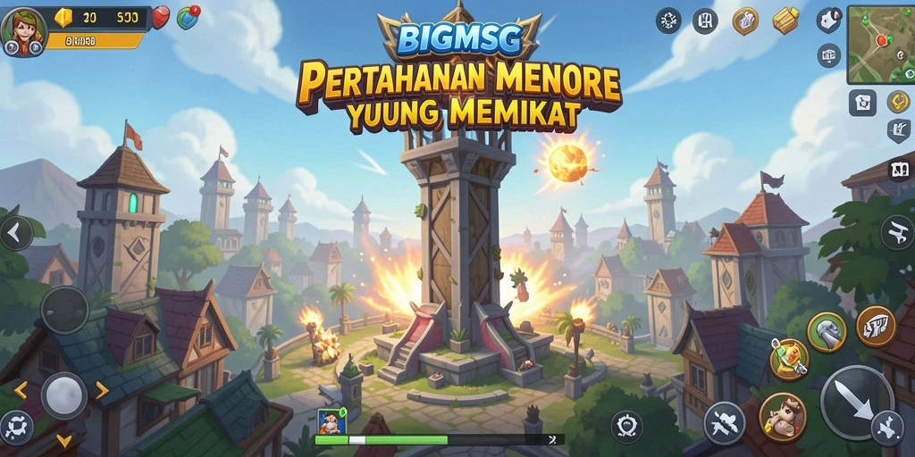 Tampilan gameplay menarik di BIGMSG dengan berbagai menara.