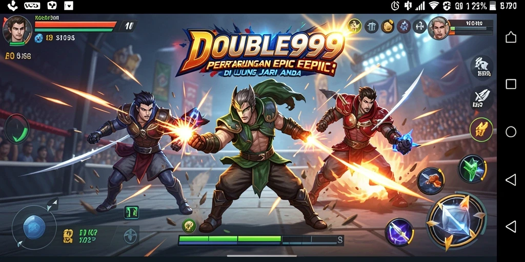 Gameplay menegangkan dengan karakter bertarung di arena terbuka.