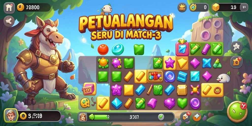 Screenshot gameplay FO8 menampilkan kombinasi warna cerah dalam Match-3.