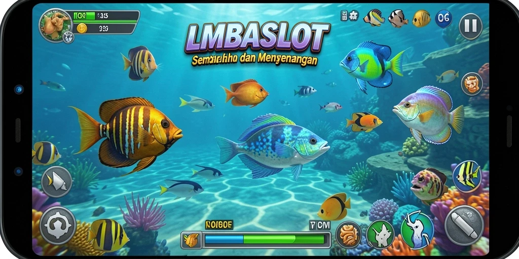 Tampilan gameplay LMBASLOT dengan aksi menembak ikan.