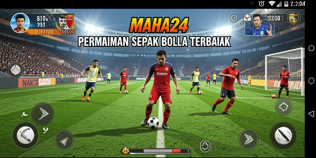 Tampilan gameplay menarik dari MAHA24 yang menunjukkan aksi sepak bola.