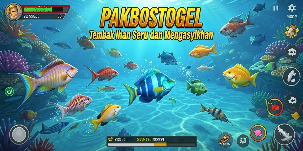 Tangkapan layar utama PAKBOSTOGEL menampilkan aksi menembak ikan yang mendebarkan.