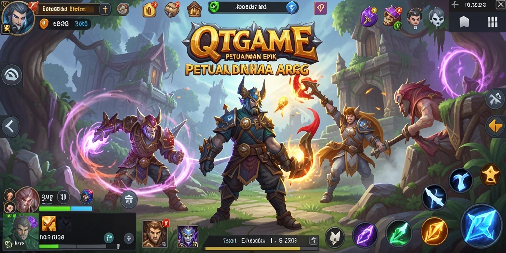 Screenshot QTGAME menampilkan aksi pertempuran epik dan karakter yang berani.