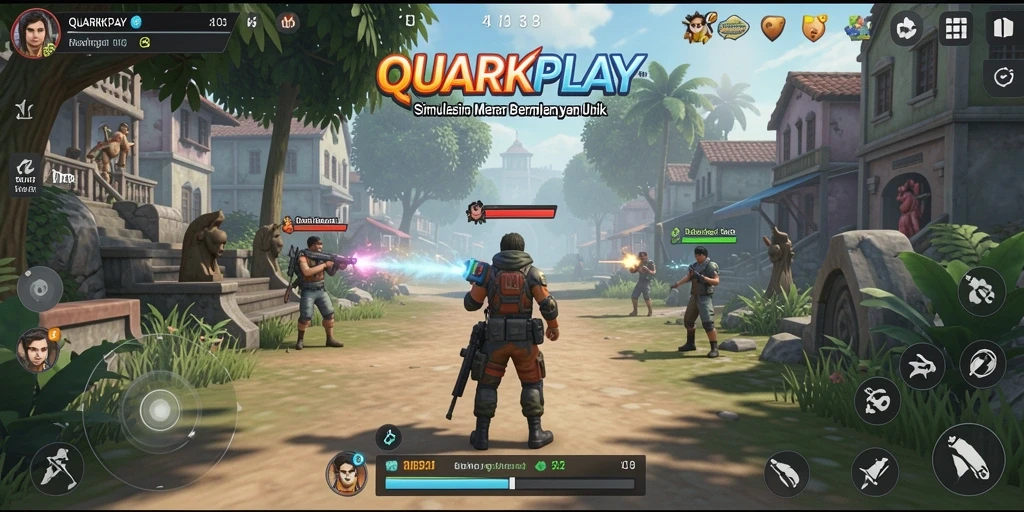 Screenshot utama QUARKPLAY menampilkan gameplay simulasi yang mendalam.