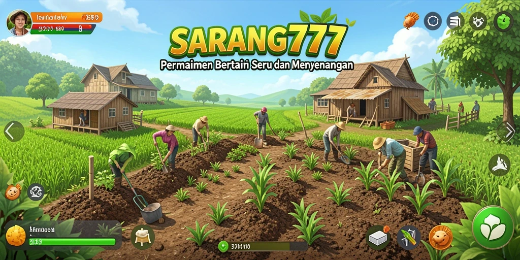 Tangkapan layar gameplay SARANG777 menampilkan ladang yang subur dan tanaman yang beragam.