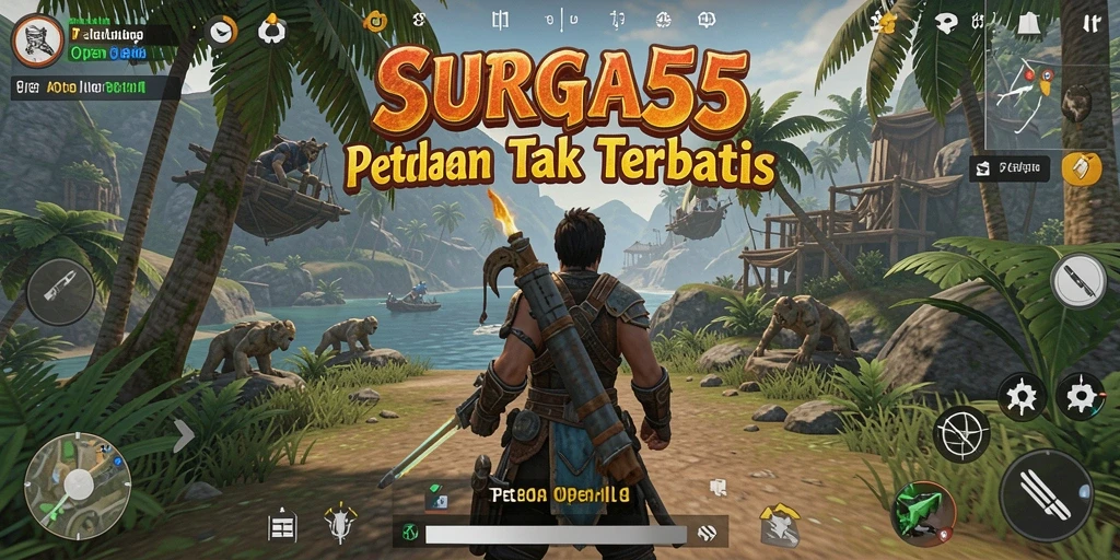 Tampilan gameplay SURGA55 menampilkan eksplorasi yang luas dan interaksi karakter.