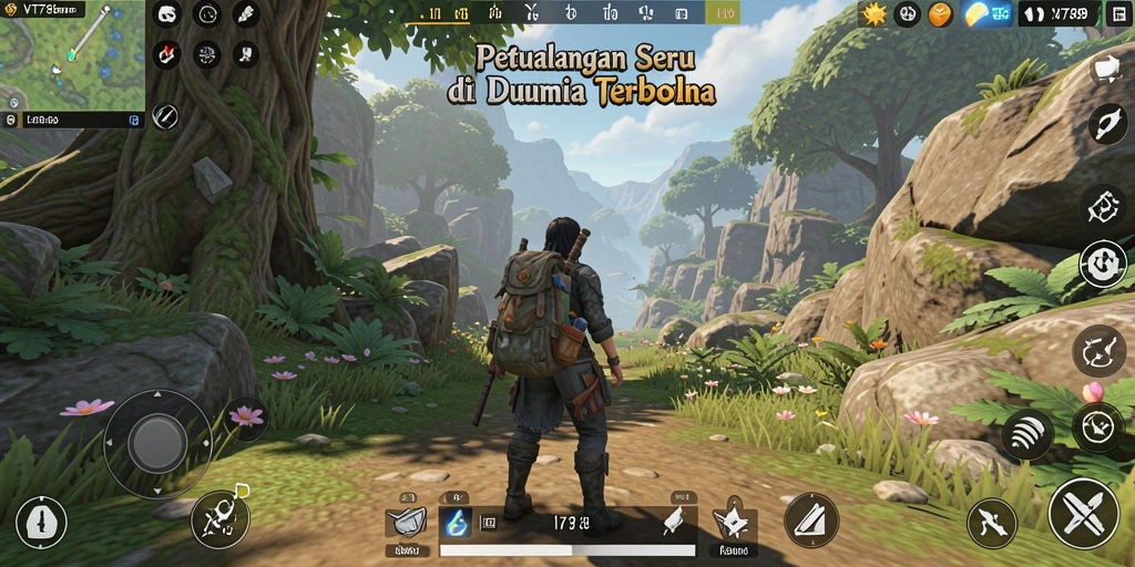 Screenshot menunjukkan pengalaman petualangan di dunia terbuka yang luas.